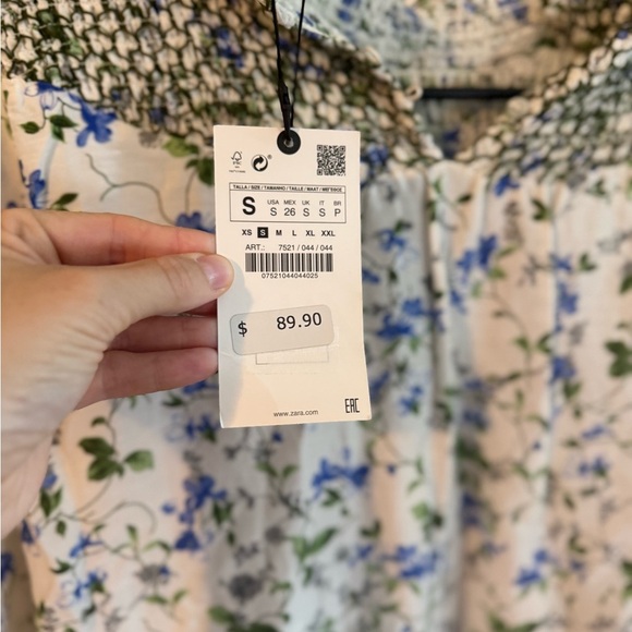 Zara NWT Printed Rustic Smocked High Neck Floral Midi Dress, Size S - Picture 10 of 14